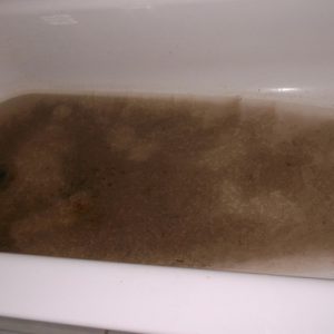 a bathtub in the bathroom of a toronto home, dirty water is visible in the bottom as a result of a blocked drain