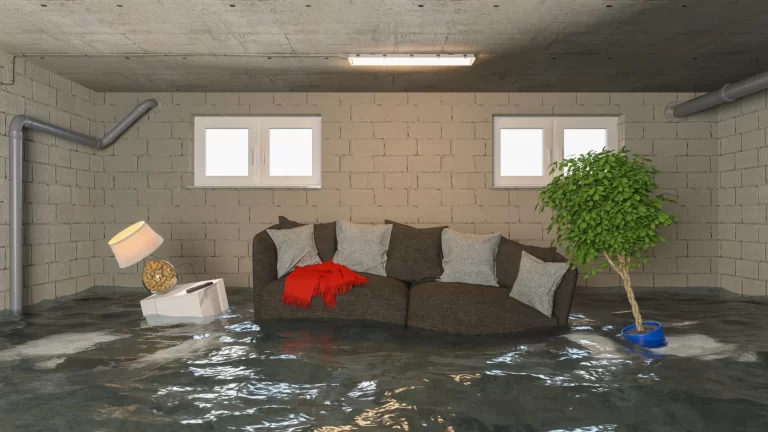 A basement room is flooded with water. A brown sofa with cushions and a red blanket, an overturned lamp on a side table, and a potted plant are partially submerged. Light comes from small windows and a ceiling lamp.