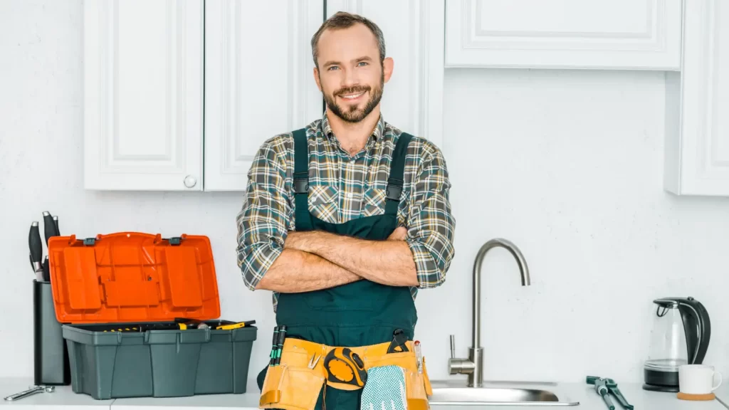 A handyman wearing a plaid shirt, apron, and tool belt stands with folded arms and smiles in a modern kitchen. A toolbox and tools are on the counter behind him, next to a sink and a kettle.