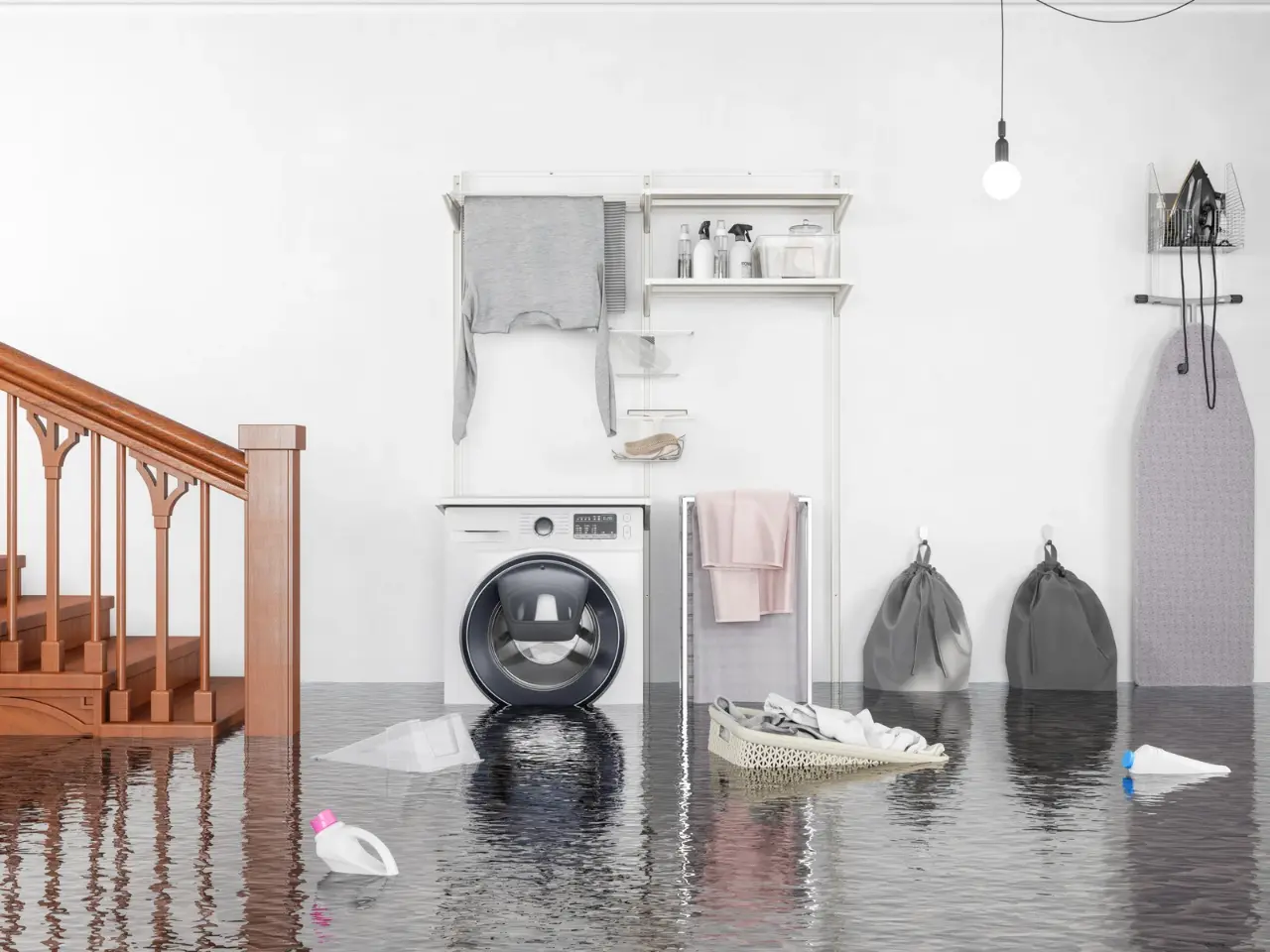 A laundry room flooded with water. Clothes and cleaning products float on the water’s surface. A washing machine, ironing board, laundry baskets, and staircase are visible. Shelves and towels hang on the wall above the washer.