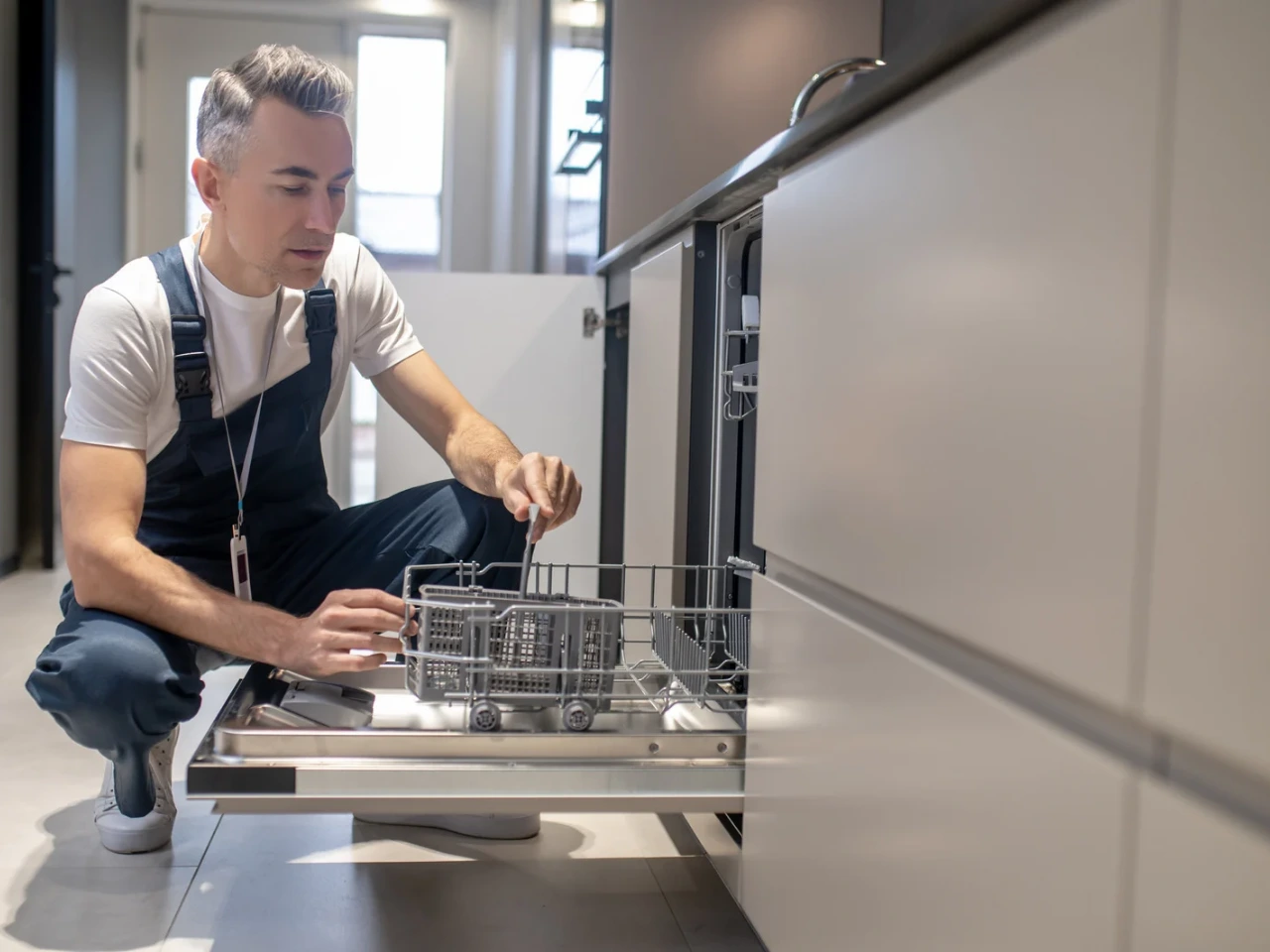 A man in work overalls kneels on the floor while inspecting the bottom rack of an open dishwasher in a modern kitchen, appearing to perform maintenance or repair.