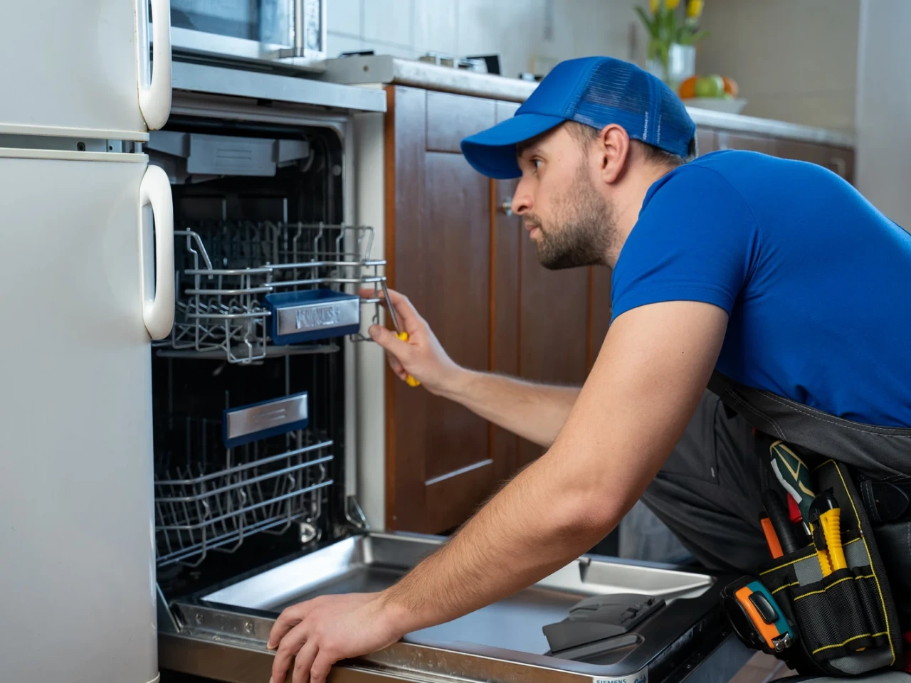 A repairman wearing a blue shirt and cap is inspecting the inside of an open dishwasher in a kitchen, holding a tool and checking the dishwasher’s top rack.