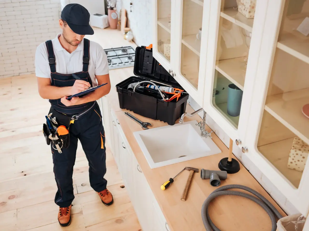 A plumber in overalls and a cap writes on a clipboard in a kitchen. Tools, a toolbox, a plunger, and a flexible hose are spread out on the counter near a sink.