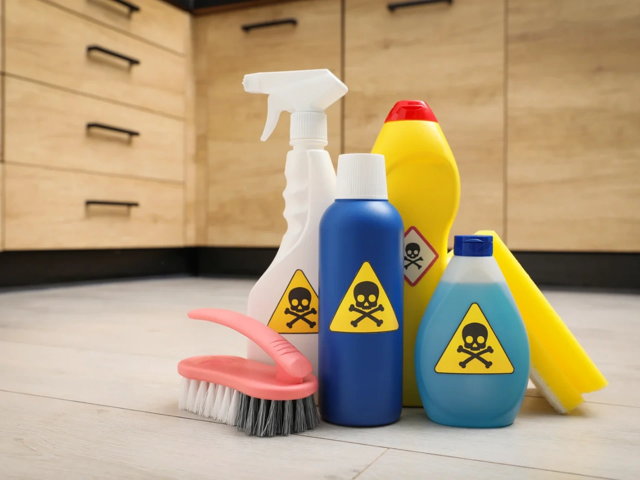 Various cleaning products with hazard symbols and a scrub brush are arranged on a kitchen floor, warning of toxic chemicals. Wooden cabinets and tiled flooring are visible in the background.