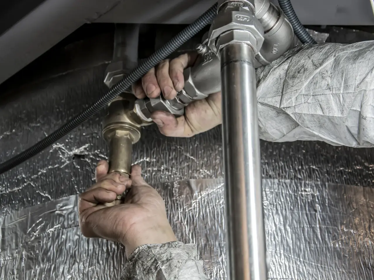 A person’s hands are installing or tightening metal plumbing pipes with fittings, wearing a long-sleeved work shirt, on a metallic insulated surface.