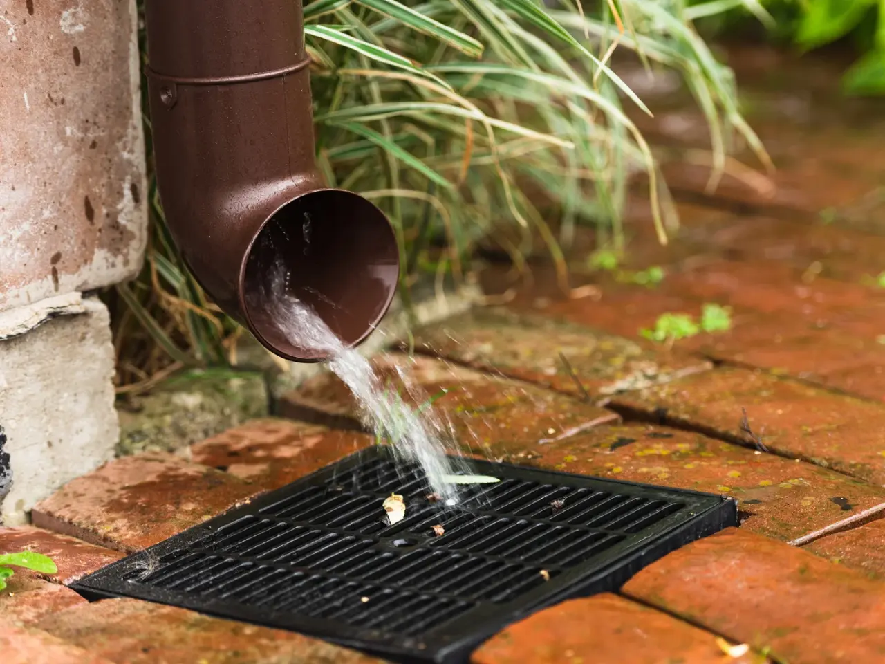 Water flows from a brown downspout onto a black metal grate on a brick surface, with green plants in the background.