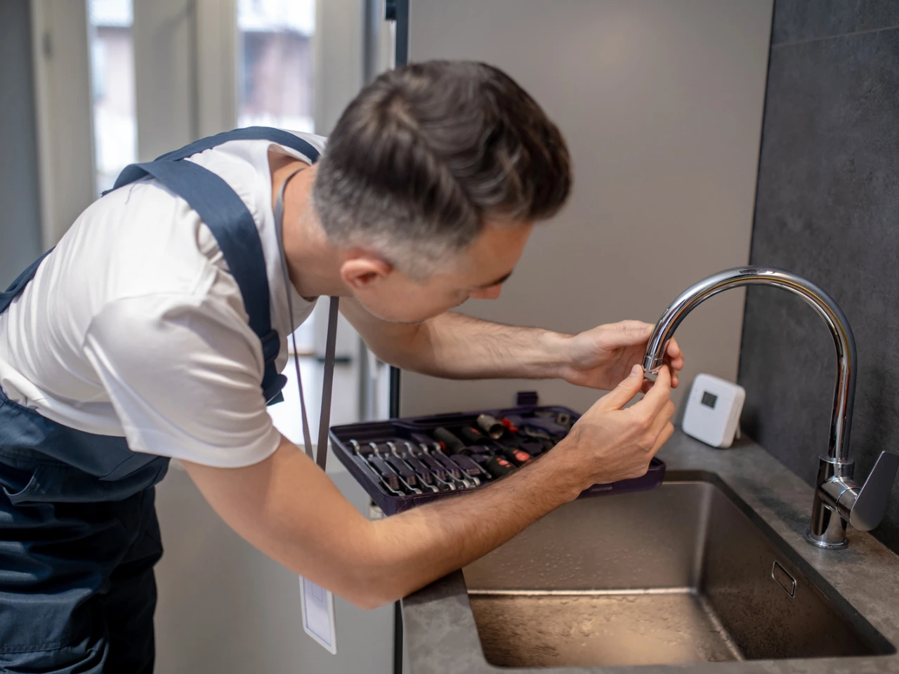 A plumber wearing overalls is fixing a kitchen faucet, using tools from a kit placed on the counter next to a stainless steel sink.