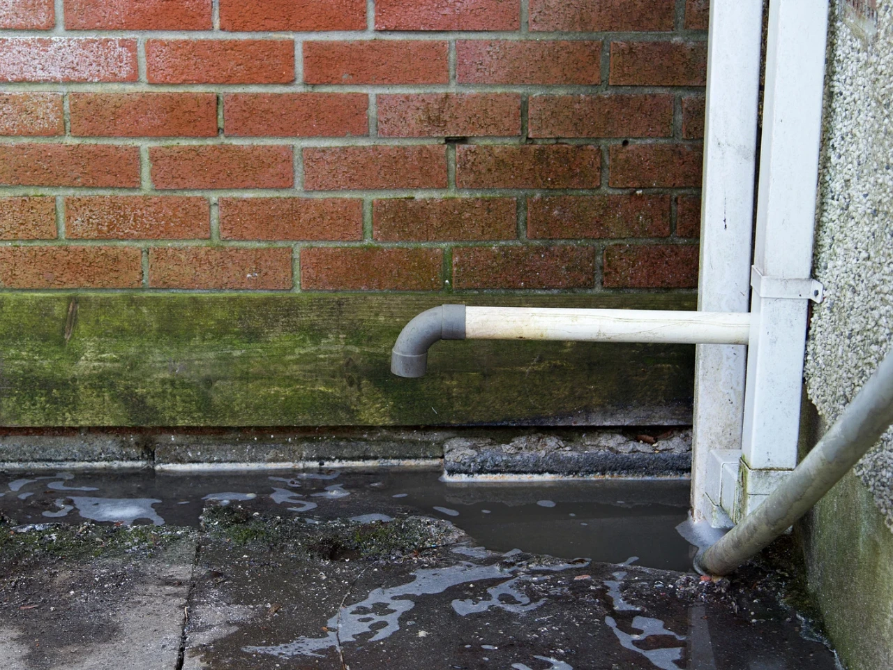 A white drainpipe attached to a wall discharges water onto a concrete surface near a brick wall with green moss at the base. The ground around the pipe is wet and soapy.