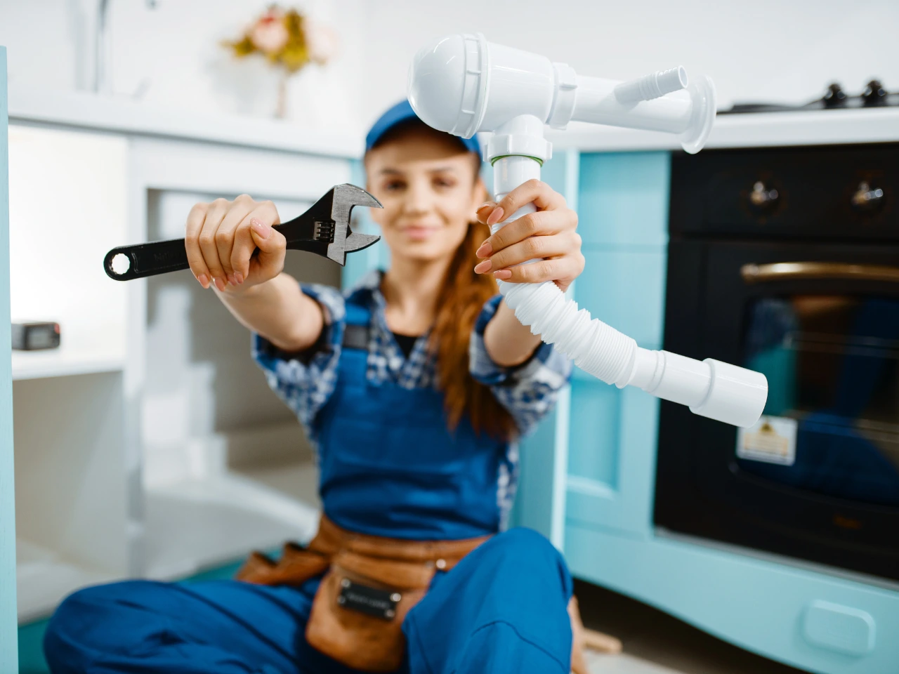 A female plumber in blue overalls sits on the floor, holding a white PVC pipe in one hand and a wrench in the other, smiling as she works under a kitchen sink.