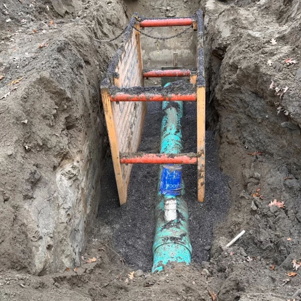 A green underground pipe exposed in a dirt trench, likely part of drain cleaning Toronto services, with a blue valve and a wooden trench box with red bars for safety. Loose soil and fallen leaves surround the work area.