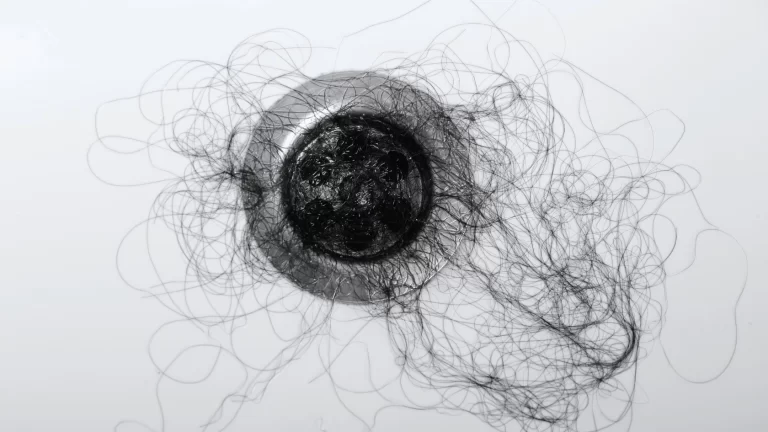 A circular metal drain is clogged with a dense mass of tangled black hair, with strands spreading out messily across the white sink surface.