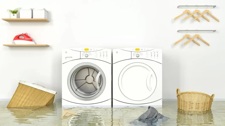 Two front-loading washing machines in a laundry room are surrounded by floodwater. Clothes, an iron, and baskets are scattered around, with some items floating in the water. Empty hangers are on the wall.