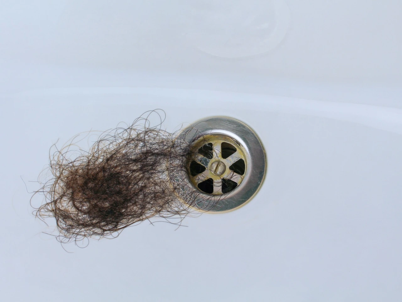 A clump of dark hair is caught on a metal drain in a white sink or bathtub.