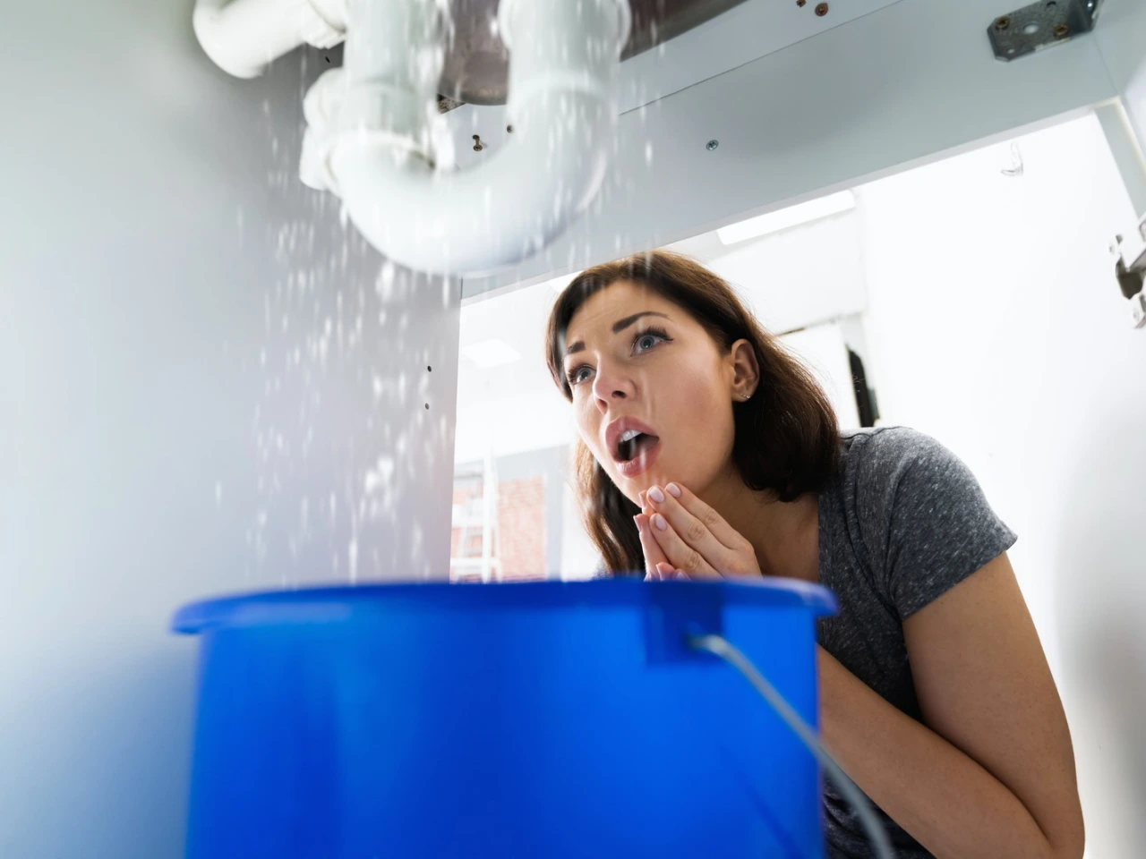 A woman looks worriedly at water leaking from pipes under a sink, with a large blue bucket catching the water below.