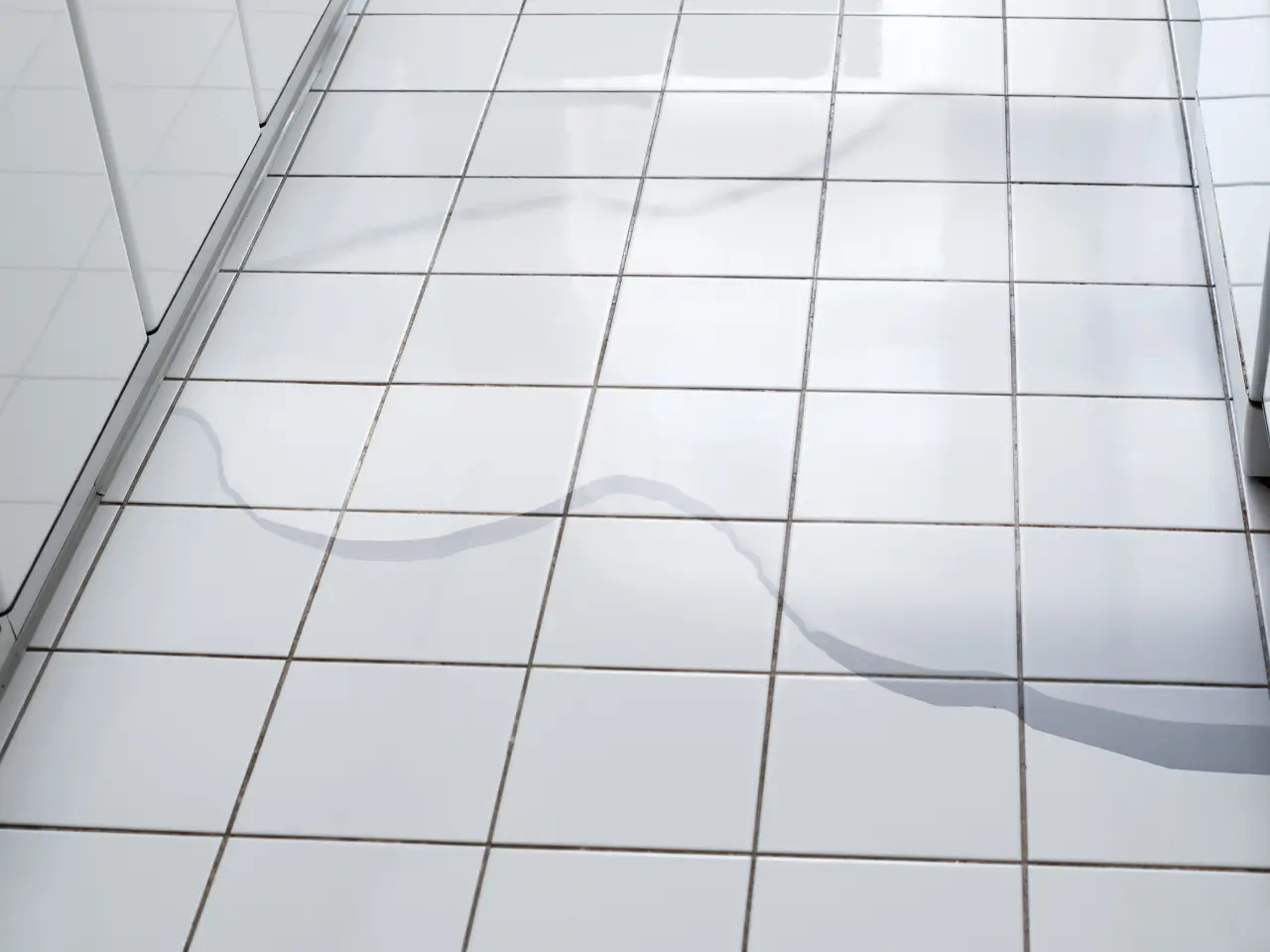 A puddle of water is spilled across a shiny white tiled floor, reflecting light from nearby windows. The tiles are square and clean, and the water creates irregular shapes on the surface.