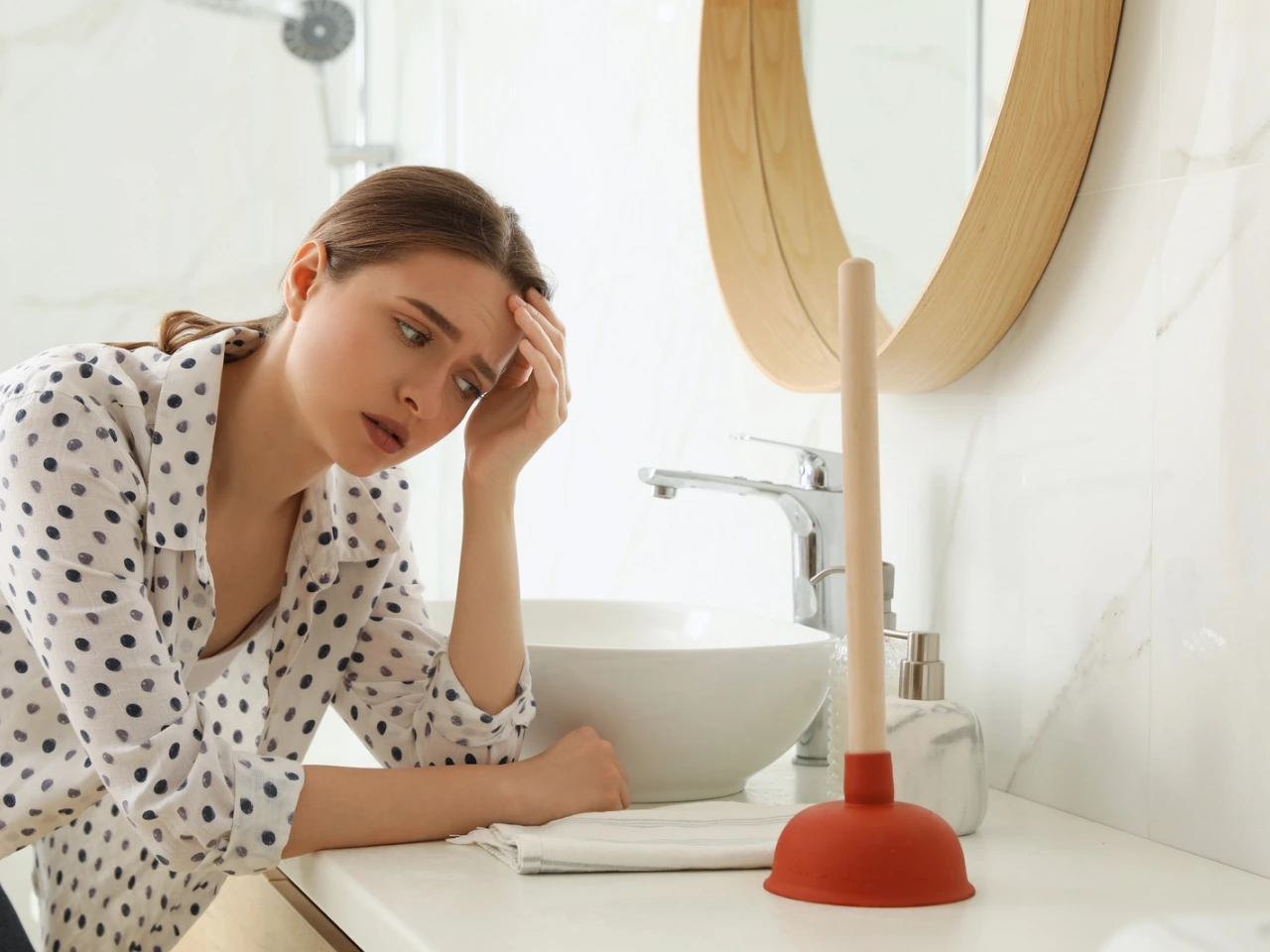 A woman with a worried expression leans on a bathroom counter, looking at a plunger beside a sink with a round mirror on the wall behind her.