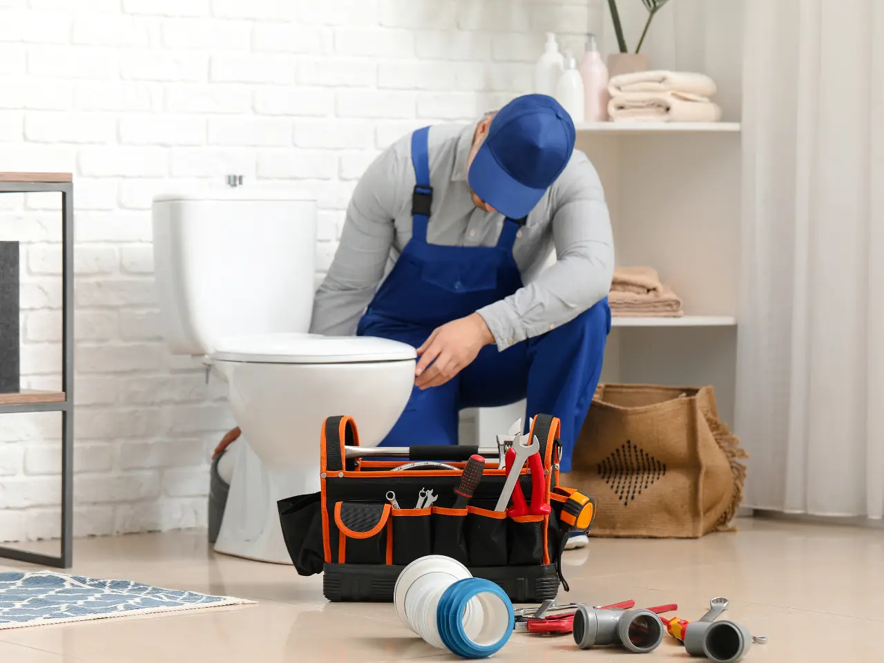 A plumber in blue overalls and a cap is fixing a toilet in a bathroom. A tool bag and various plumbing tools are spread out on the floor in front of him. Towels and baskets are visible in the background.