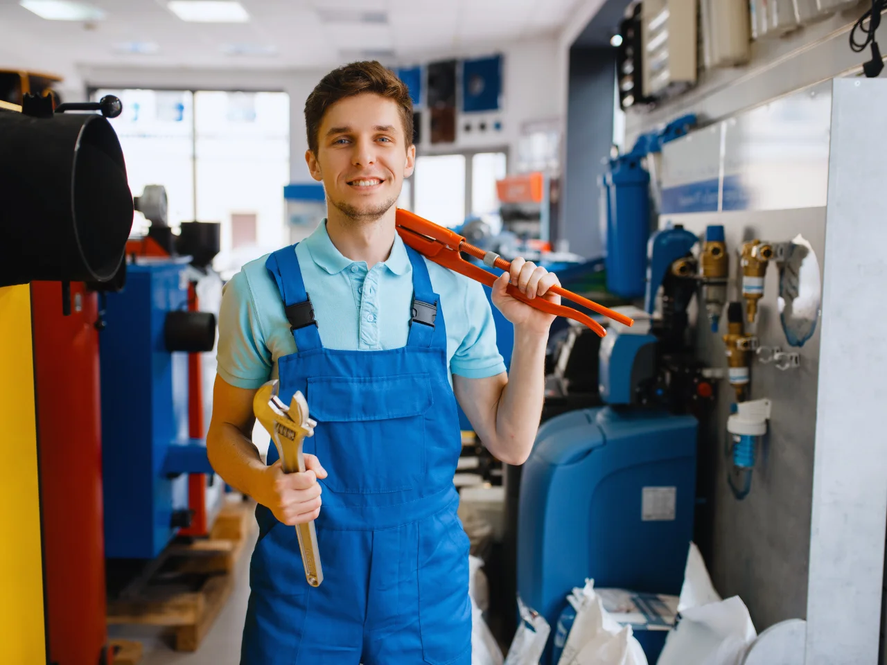 A smiling young man in blue overalls holds a large wrench and pipe wrench inside a modern industrial workshop filled with plumbing equipment and machinery.