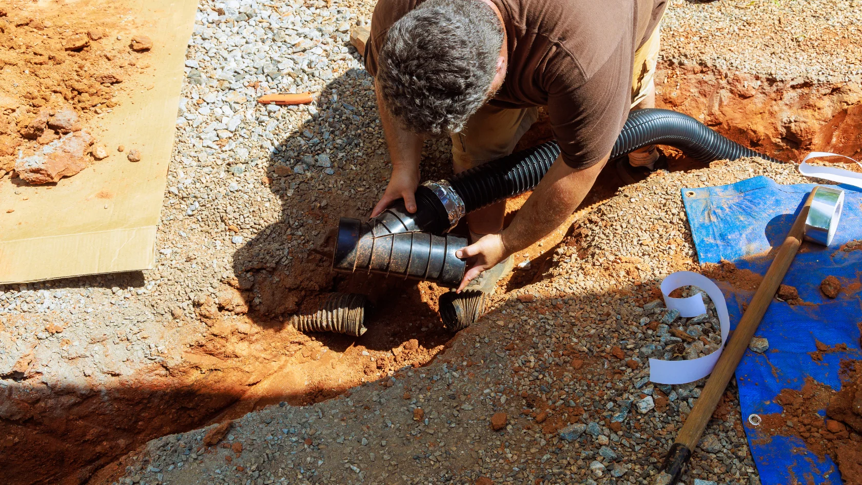 A person installs black plastic drainage pipes in a dirt trench at a construction site, connecting a T-joint piece. Gravel, tools, and a blue tarp are visible nearby.