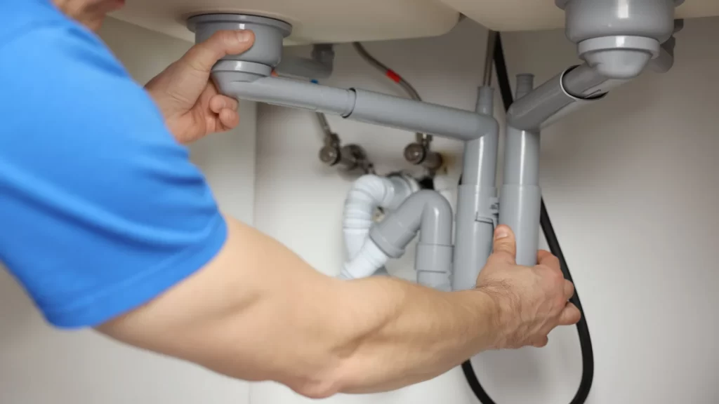 A person in a blue shirt is working under a sink, using both hands to adjust or fix the gray plastic plumbing pipes.