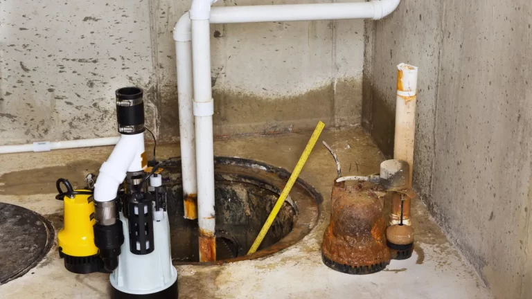 A basement sump pump system with white PVC pipes, a yellow-handled tool inside the pit, and nearby rusted equipment, all set against a concrete wall and floor.