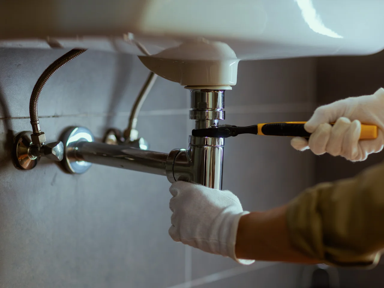 A person wearing white gloves uses a wrench to tighten or loosen a pipe fitting under a sink, performing plumbing work in a bathroom.