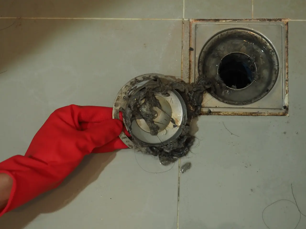 A person wearing a red rubber glove is cleaning a bathroom drain, holding a drain cover clogged with hair and debris next to an open drain on a tiled floor.