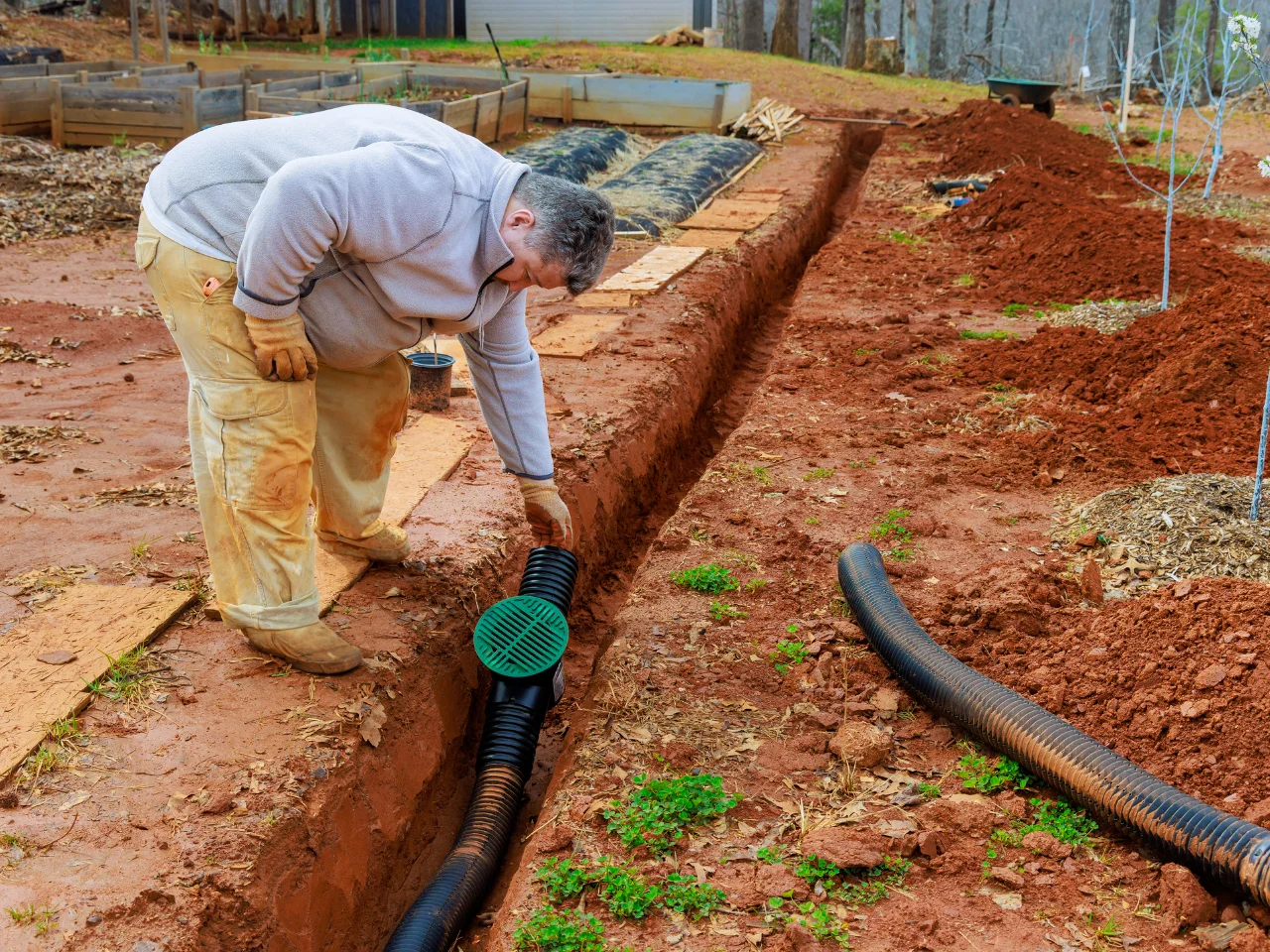 A person in work clothes installs a black drainage pipe with a green grate into a trench dug in reddish soil in a garden area, with raised beds and wooden planks nearby.
