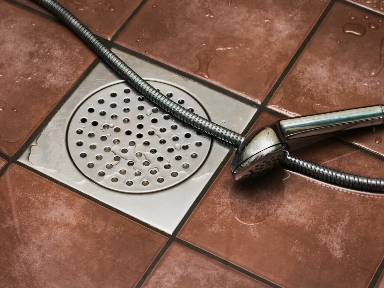 A handheld showerhead with a metal hose rests on wet brown tiled floor next to a large square metal drain cover with round holes.