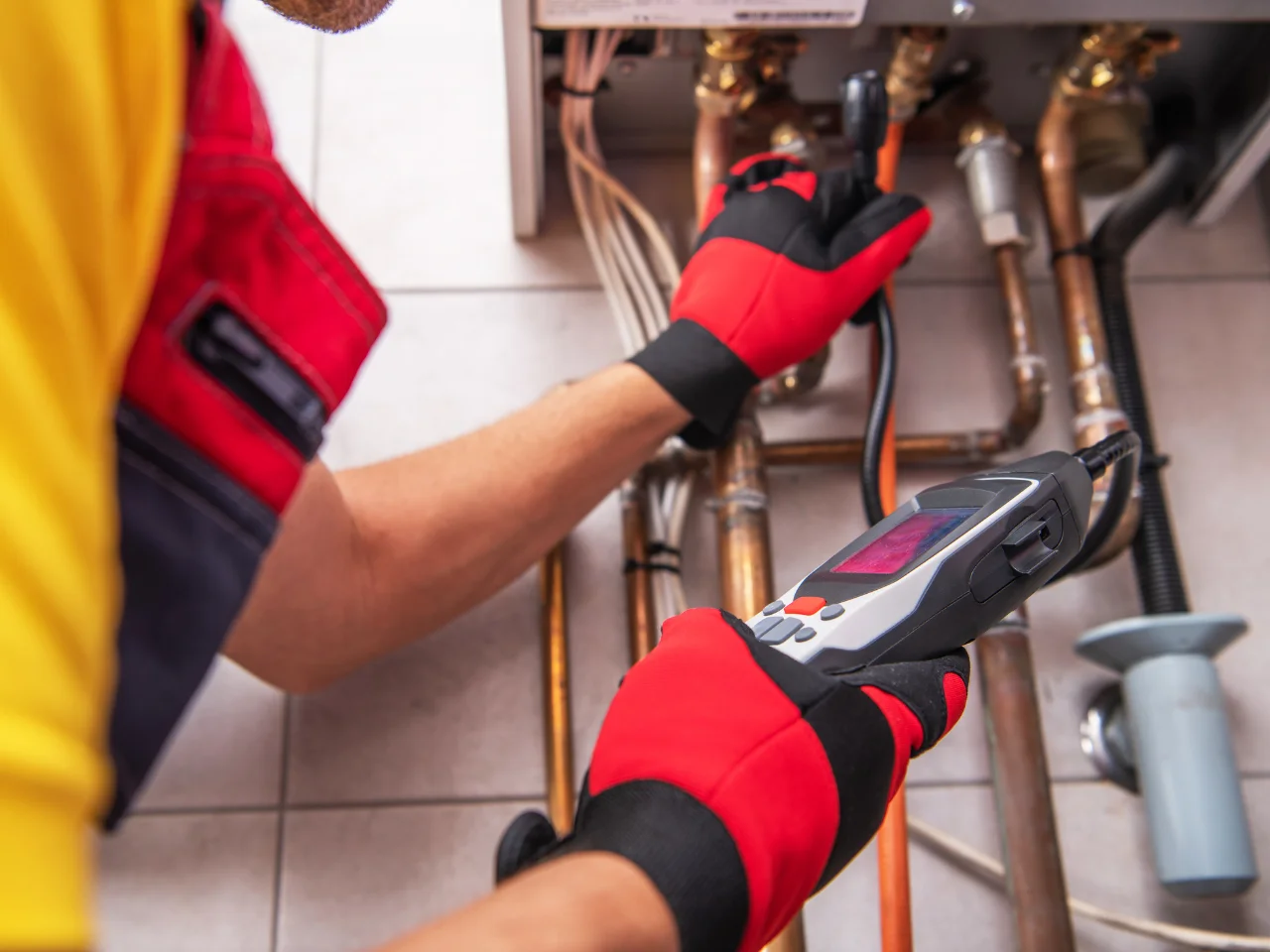 A person wearing red gloves uses a diagnostic tool to inspect pipes and valves under a boiler or heating system, checking for issues or maintenance needs.
