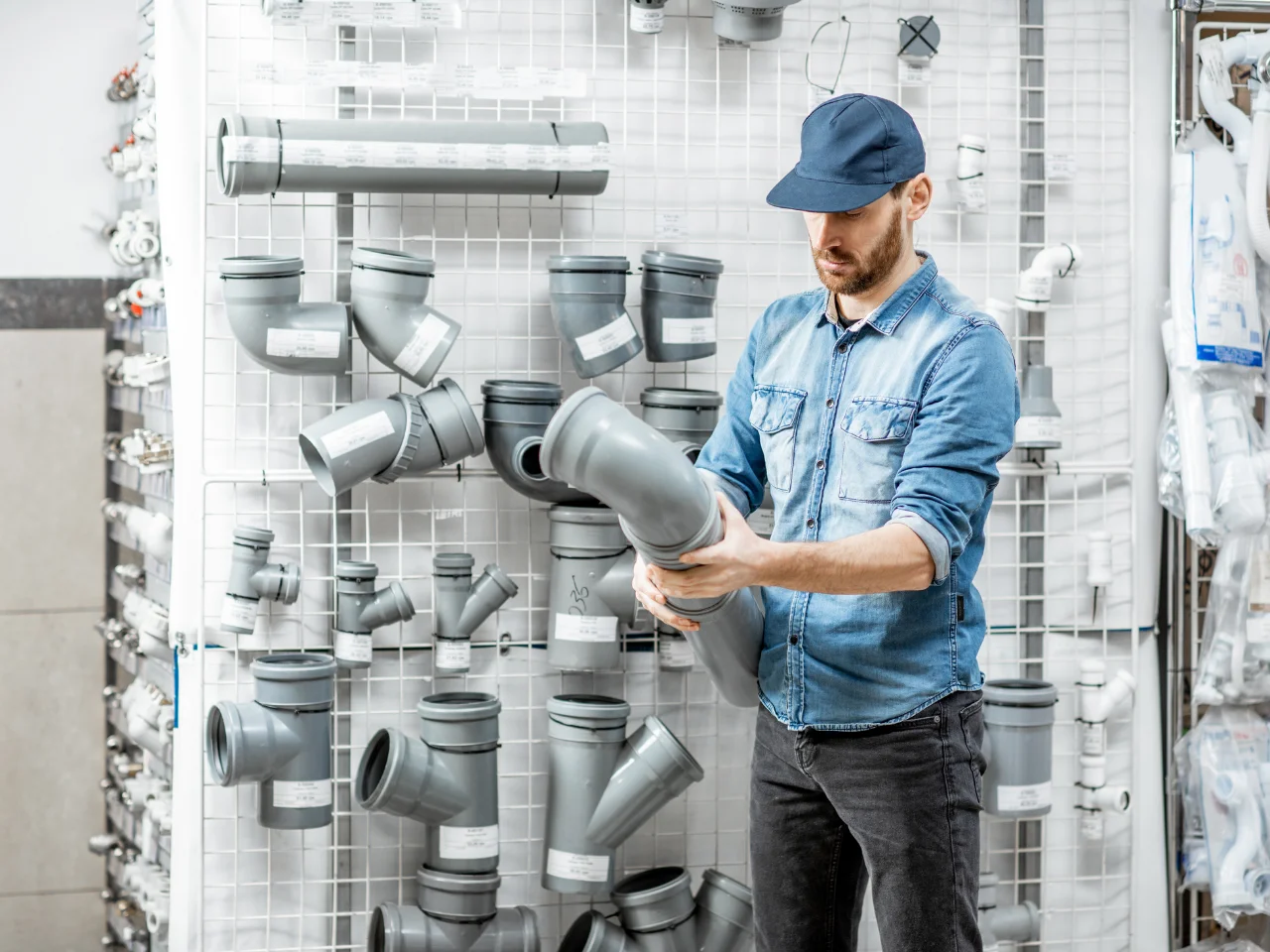 A man in a denim shirt and blue cap examines a large PVC pipe fitting in a hardware store, standing in front of a display wall with various gray plastic plumbing connectors.