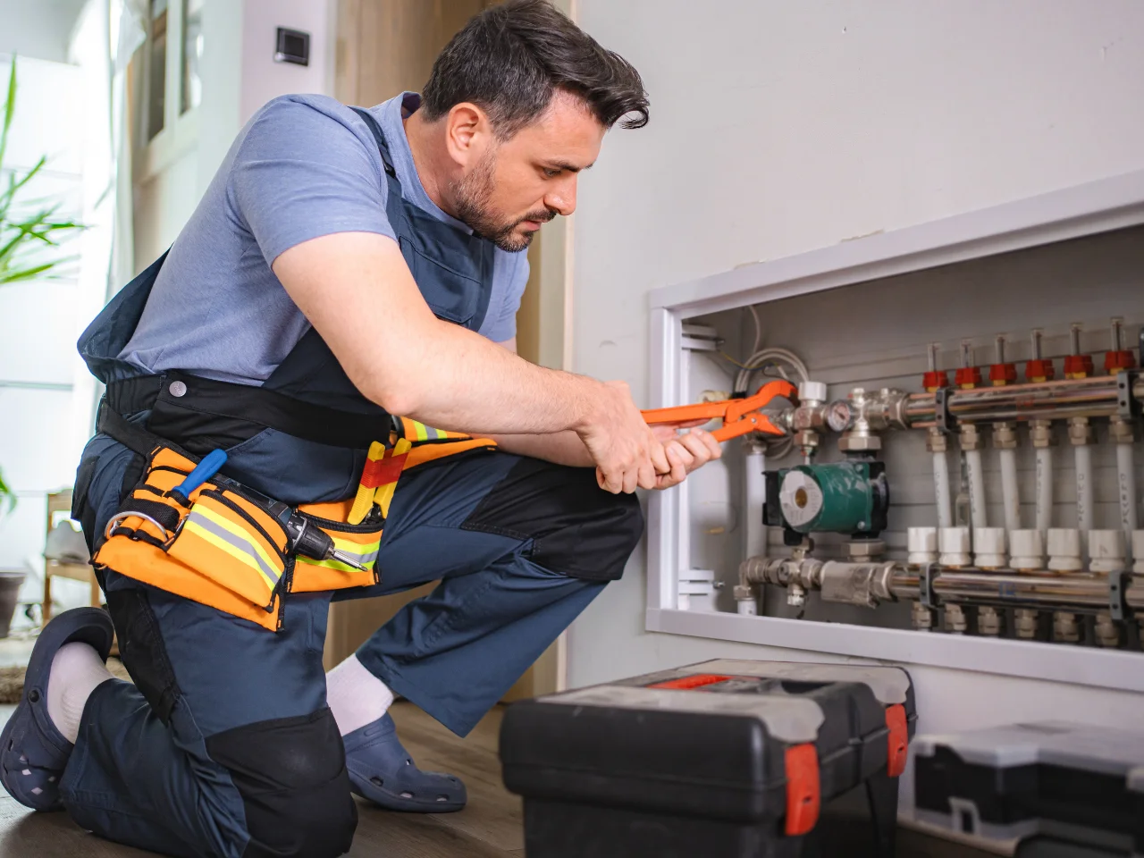 A man in work overalls kneels on the floor, using a large wrench to adjust pipes inside an open utility panel. Tool boxes and a tool belt are nearby, indicating he is performing maintenance or repairs.