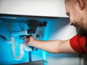 A person in a red shirt repairs white plumbing pipes under a sink, adjusting a connection with their hand. The workspace, illuminated by blue-tinted light, highlights expert drain repair and plumbing in Toronto.