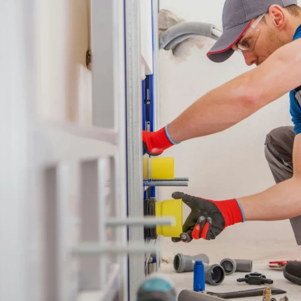 A plumber wearing gloves, safety glasses, and a cap installs or repairs plumbing pipes and fittings in a bathroom, with various tools scattered on the floor nearby—expertly handling drain repair and plumbing in Toronto.