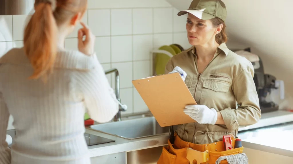 A woman in a work uniform and cap holding a clipboard speaks with another woman in a kitchen. The worker has tools in her belt and appears to be conducting an inspection or repair.