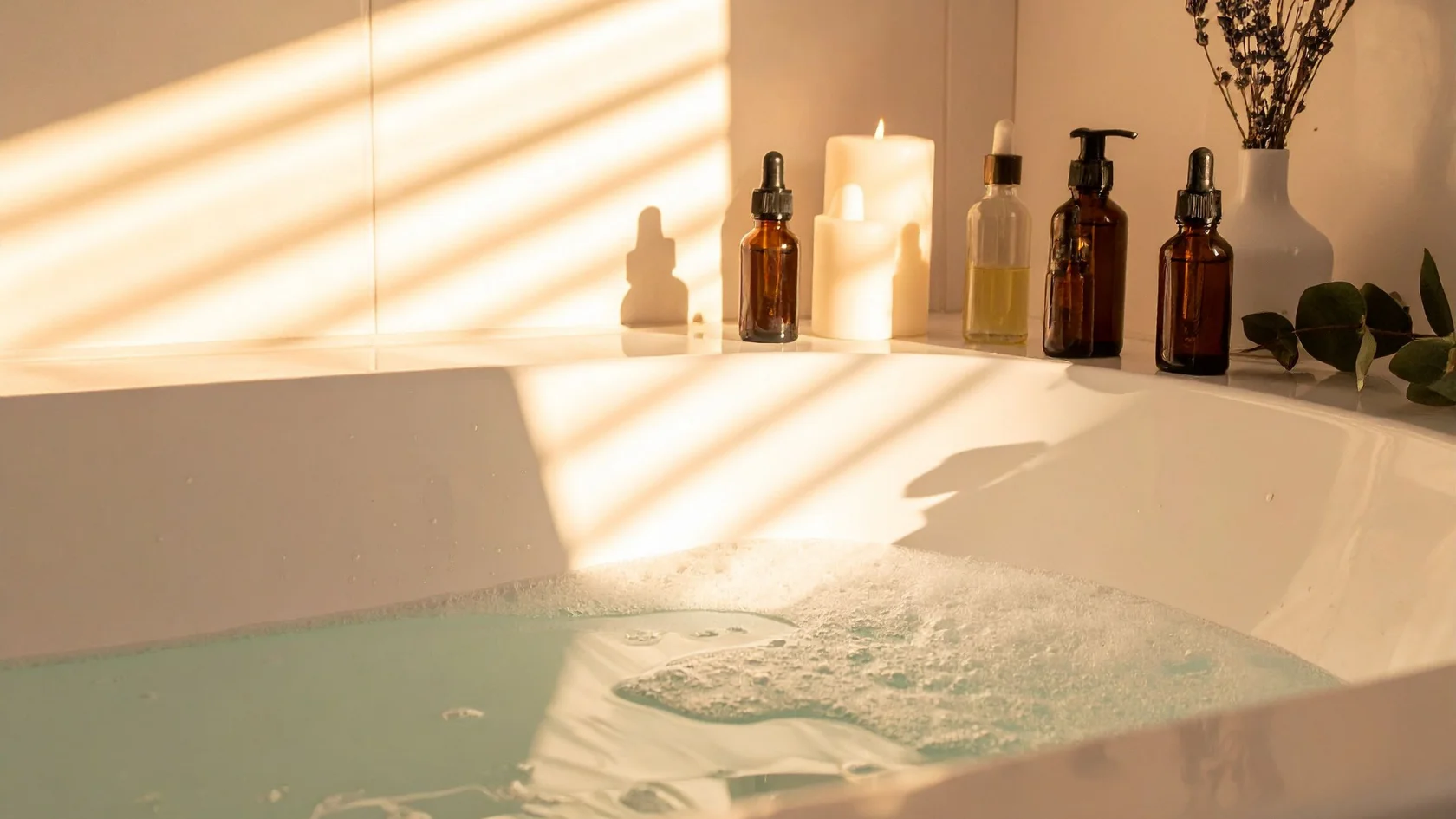 A relaxing bathtub with bubbles is filled with water. On the edge are brown glass bottles, a white vase with dried flowers, lit candles, and leafy greens, all bathed in soft sunlight streaming through blinds.