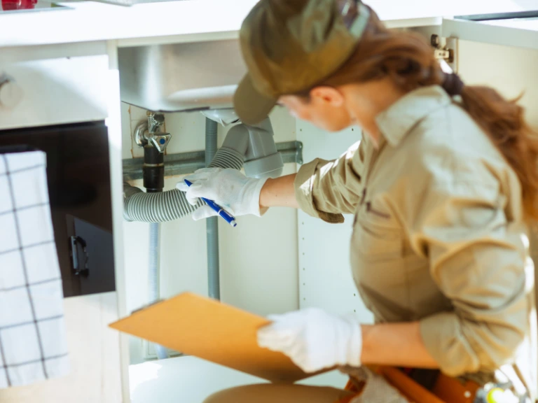 A woman wearing work clothes and gloves inspects plumbing under a kitchen sink, holding a clipboard and pen while assessing drain repair and plumbing in Toronto.