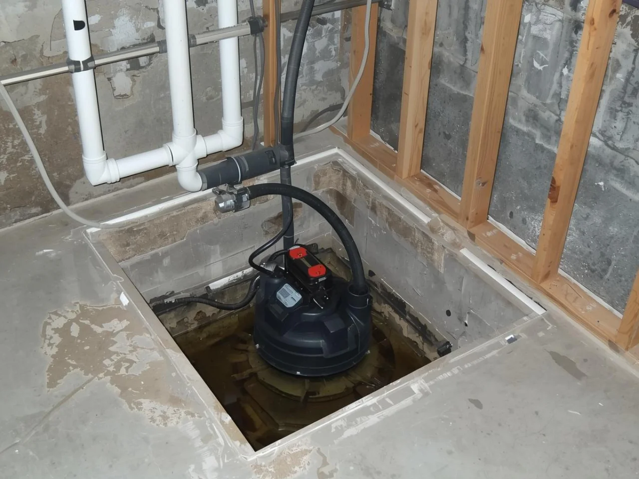 A sump pump installed in a basement pit, surrounded by unfinished walls, exposed pipes, and concrete floor, with wooden wall framing visible on the right side.