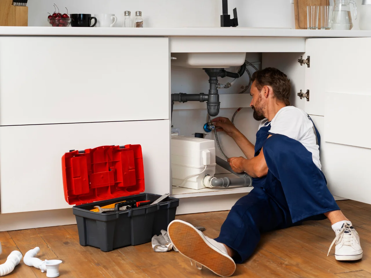 A plumber in blue overalls sits on the kitchen floor, fixing pipes under a sink. An open toolbox with various tools is next to him on the wooden floor. The cabinet doors are open, exposing the plumbing.
