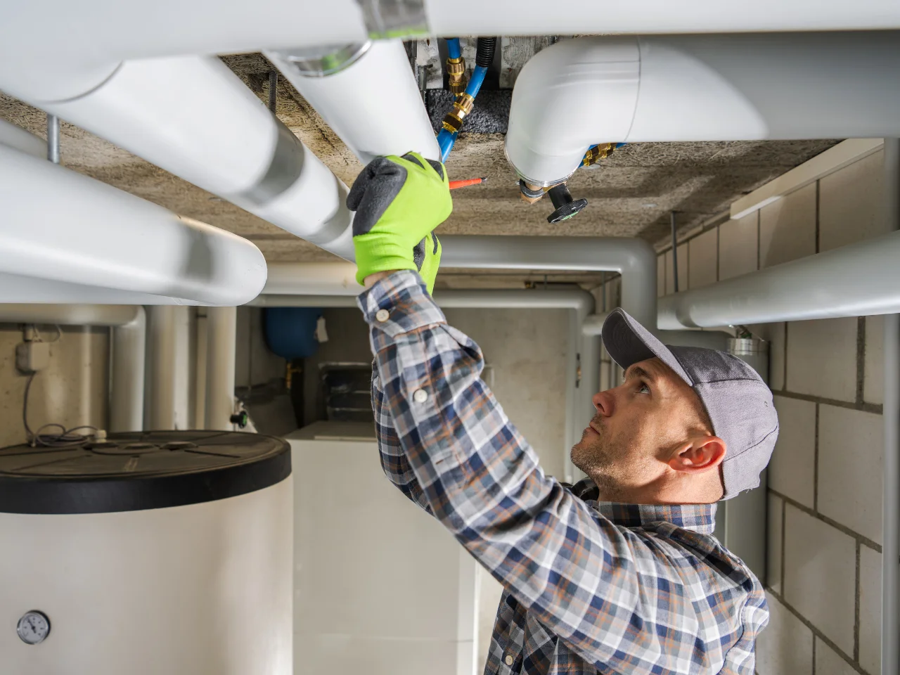 A worker wearing a cap, plaid shirt, and green gloves repairs or inspects large white pipes on a basement ceiling, using a tool while standing on the floor beside a water tank.