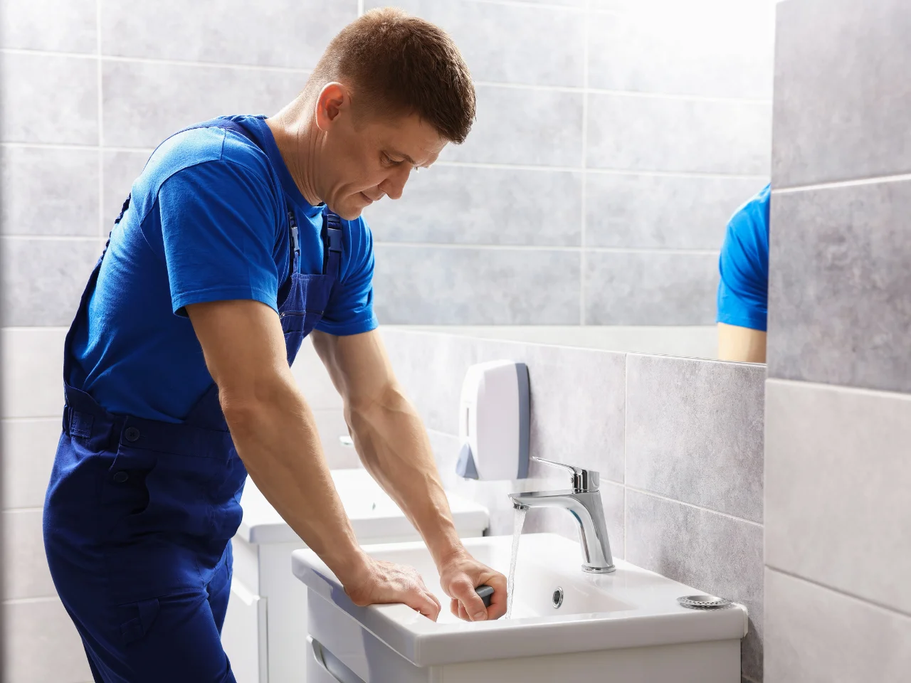 A plumber in blue overalls and a blue shirt is repairing a white sink faucet in a modern bathroom with gray tiled walls.