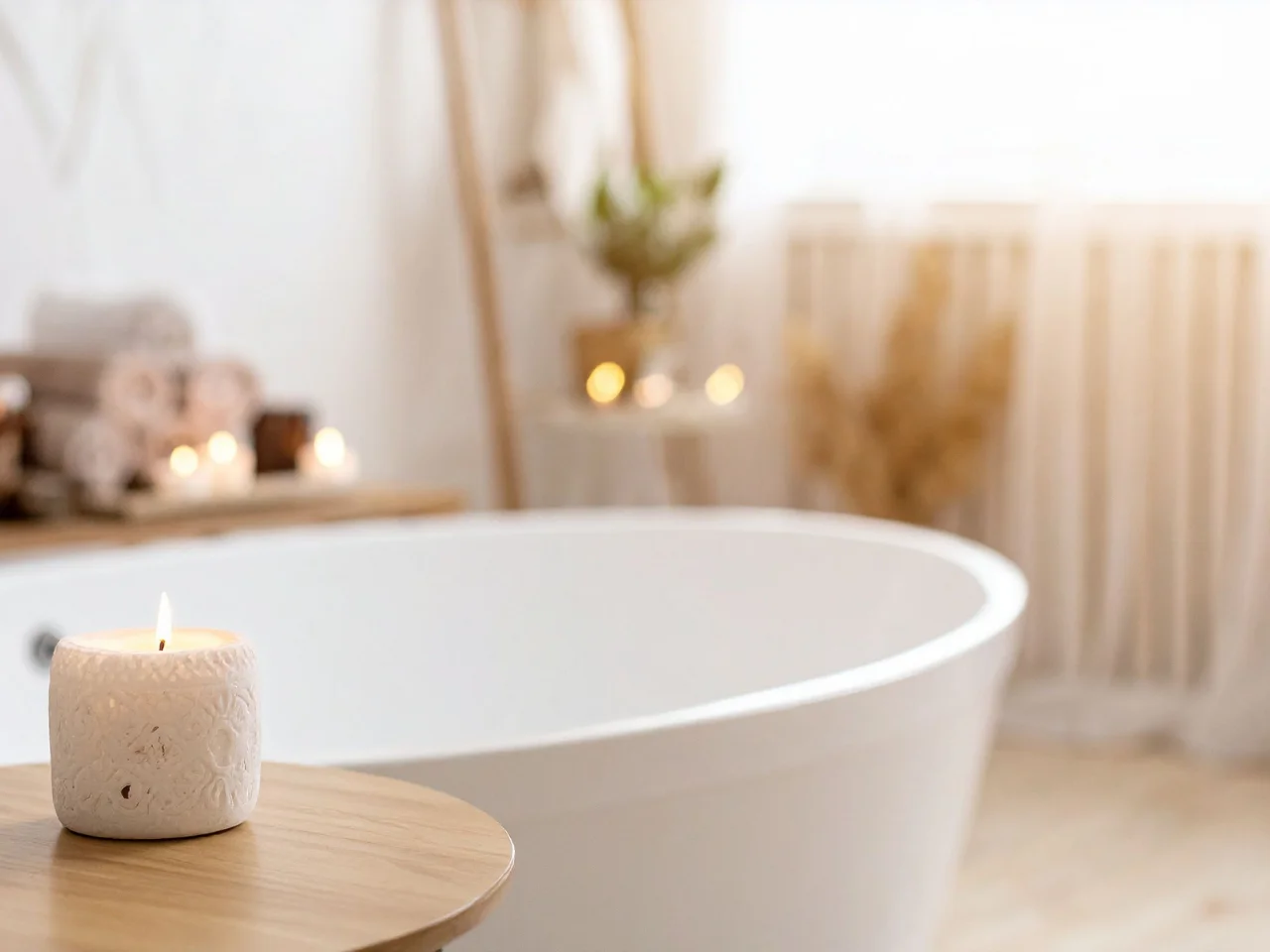 A white candle burns on a small wooden table in front of a white bathtub. The softly lit bathroom has rolled towels, plants, and additional candles in the background, creating a calm, spa-like atmosphere.