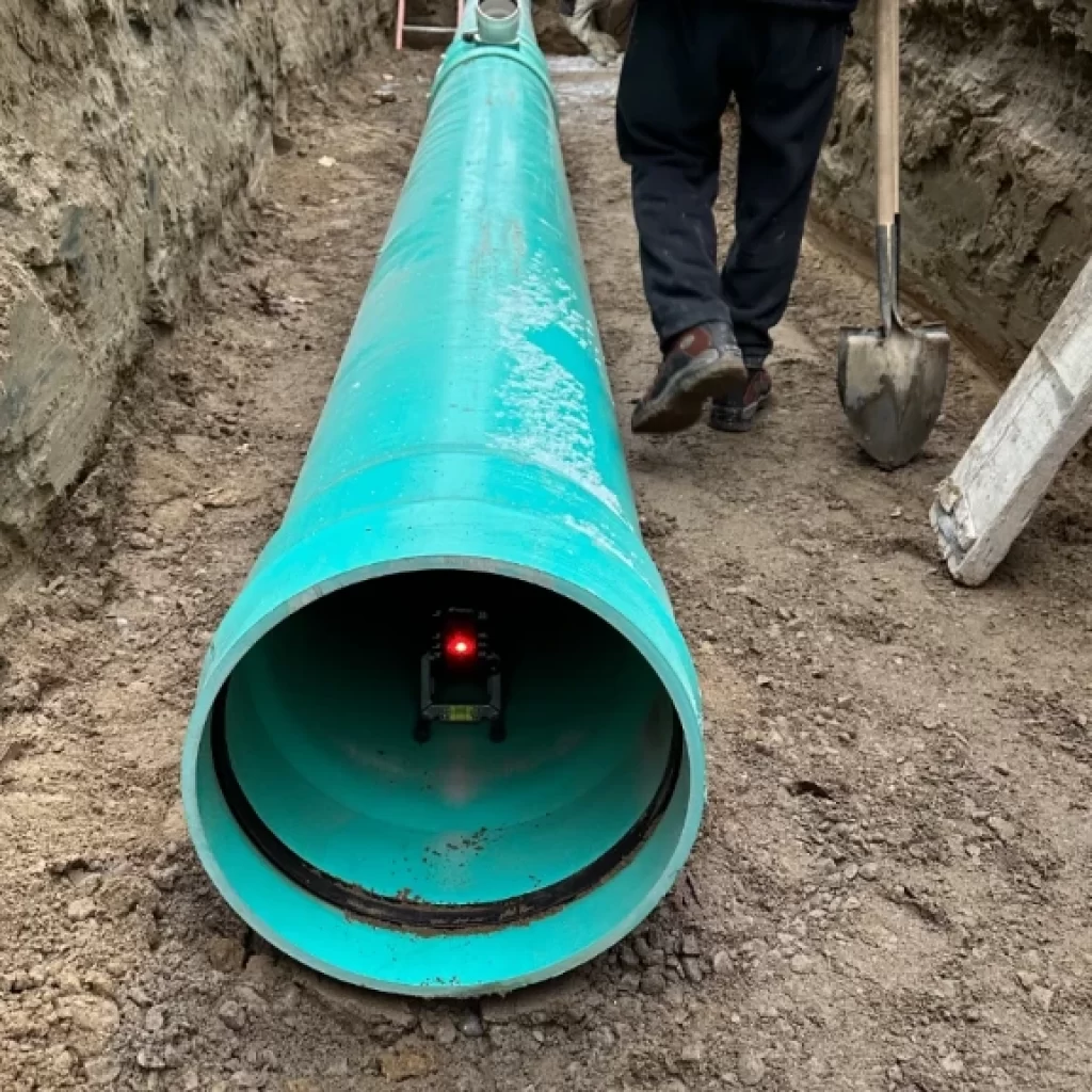 A large turquoise pipe lies in a trench, part of a drain service Mississauga project. A small device emits a red light inside the pipe, while a person with a shovel stands nearby and dirt walls line the dug-out area.