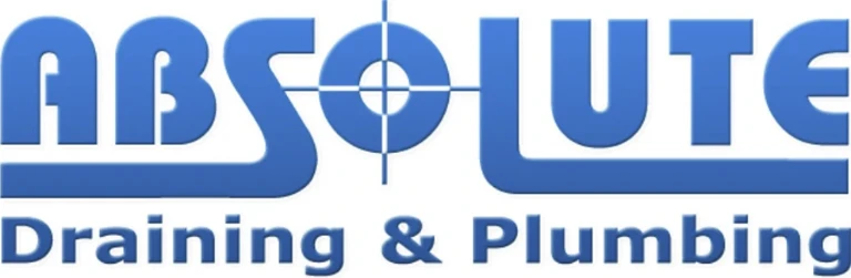 Logo for Absolute Draining & Plumbing, with “ABSOLUTE” in blue capital letters. The “O” has a target design, and “Draining & Plumbing” appears below in smaller blue text.