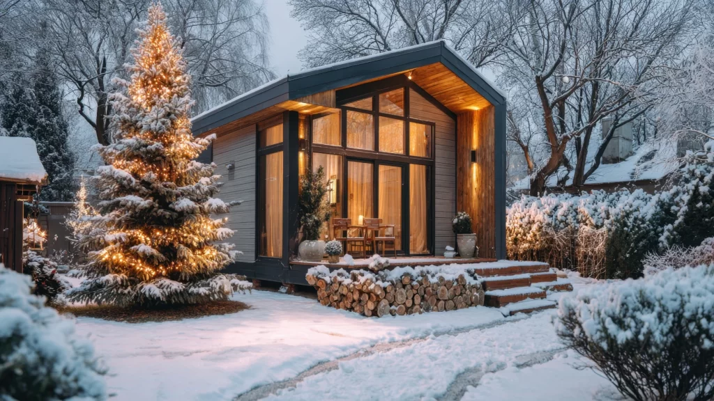 A modern house with large windows is decorated with warm lights on a snowy evening. A lit Christmas tree stands in the yard, and firewood is stacked by the steps, surrounded by snow-covered trees and bushes.
