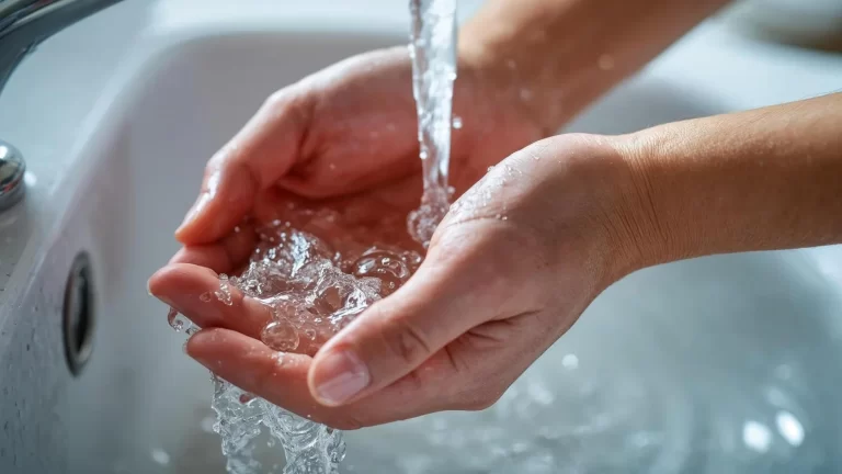 A close-up of two hands held under running water from a faucet, with water splashing and a white sink in the background.