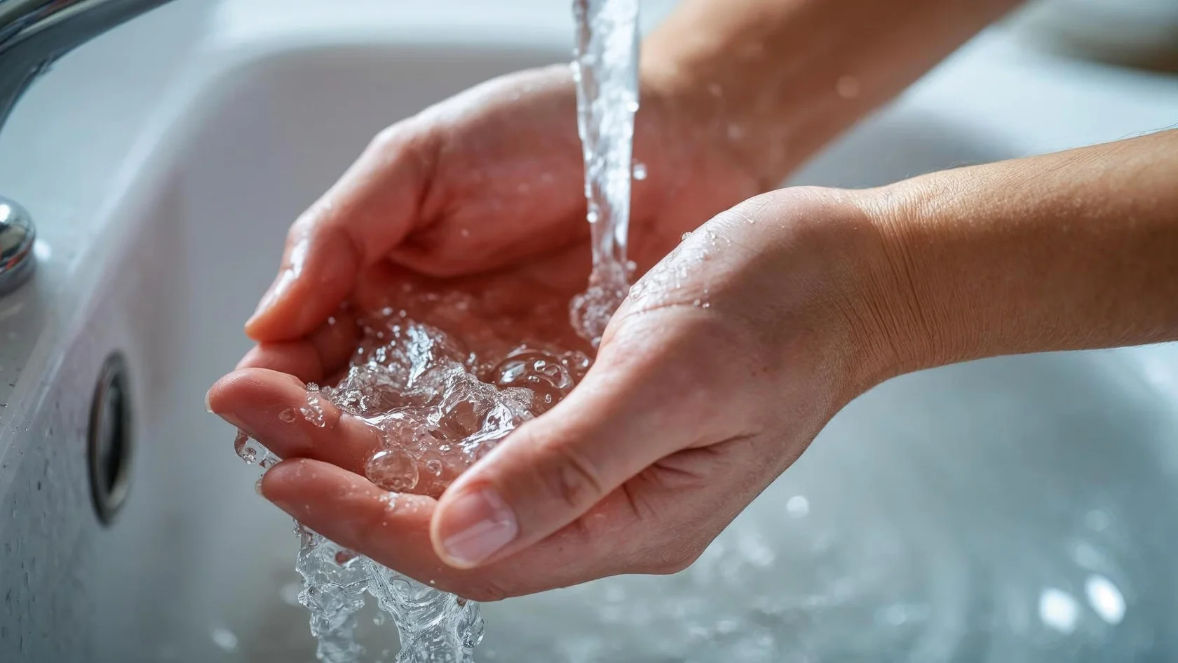 A close-up of two hands held under running water from a faucet, with water splashing and a white sink in the background.