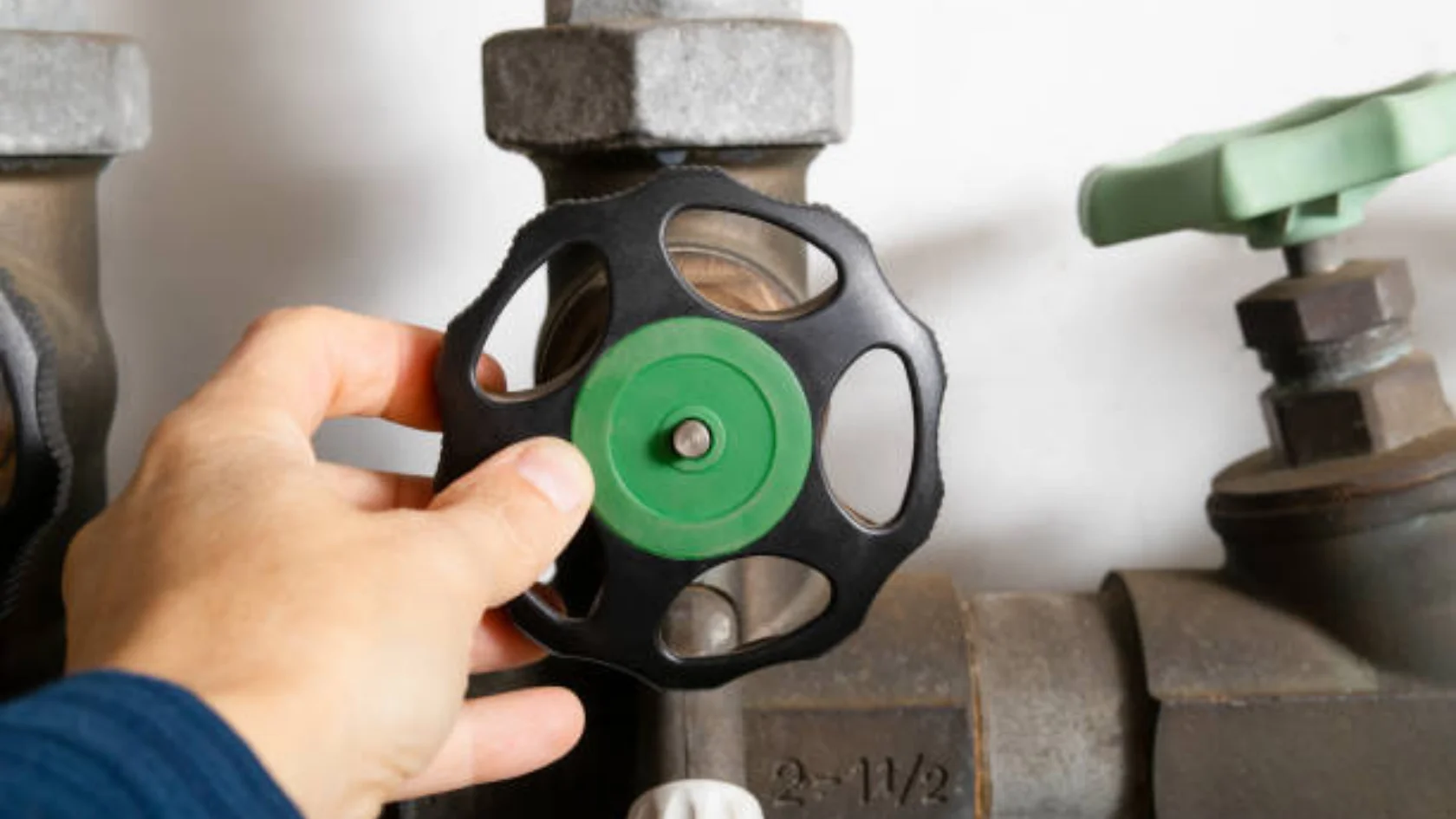 A person’s hand turning a large black and green water valve wheel attached to metal pipes, with another green valve handle visible nearby.