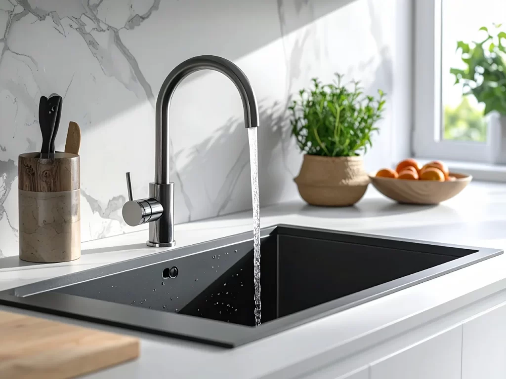 A modern kitchen sink with a black basin and a silver faucet running water. There are kitchen utensils in a holder, a potted herb plant, and a bowl of oranges on the white countertop near a sunlit window.