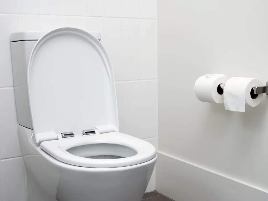 A clean, modern white toilet with the lid up is next to a wall with two rolls of toilet paper mounted on a holder. The bathroom has white tiled and painted walls.